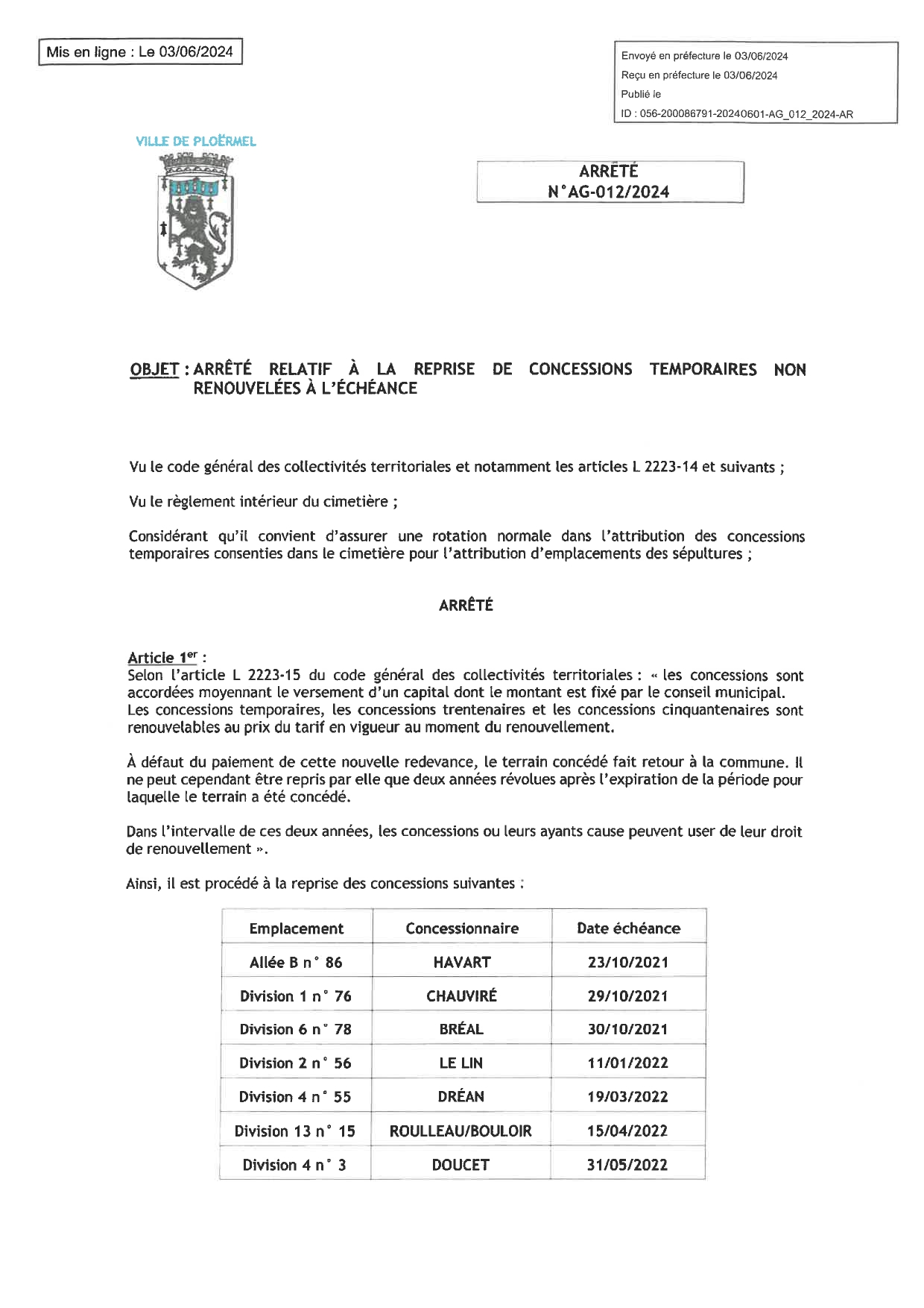 Arrêté du 1er juin 2024 relatif à la reprise de concessions temporaires non renouvelées à l'échéance